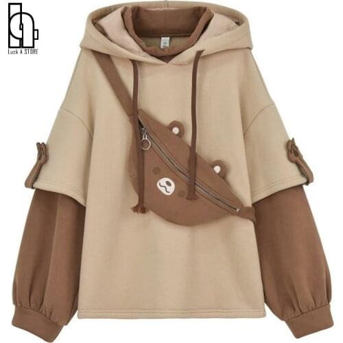 Harajuku Aesthetic Bear Anime Hoodie Women Korean Kawaii Crewneck Long Sleeve Oversized Streetwear Kpop Fall Winter Clothes Tops