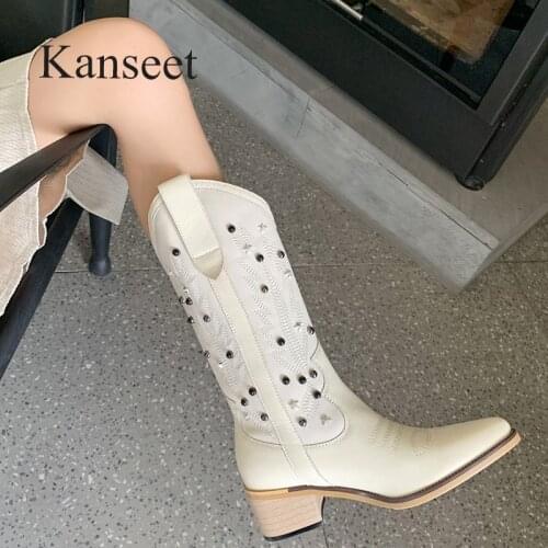Kanseet Women Mid-Calf Boots New 2021 Autumn Winter Thick High Heels Shoes Handmade Fashion Rivets Decoration Slim Western Boots