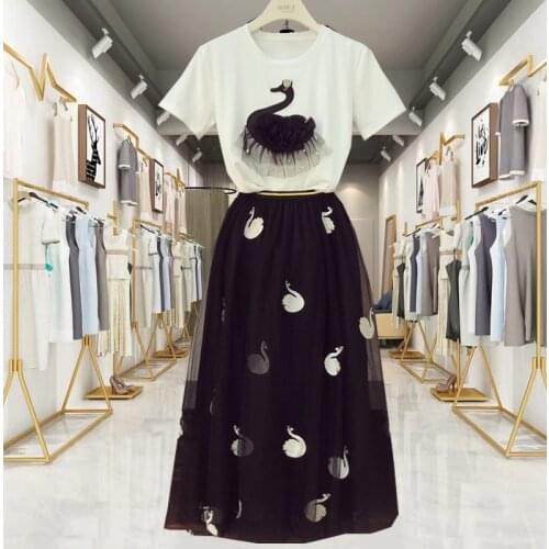 Summer Newest Appliques Beading Embroidery Swan Long Skirt Suits Women 2 Piece Sets Cotton T-Shirt Top+Mesh Pleated Tulle Skirt