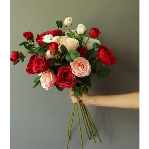 1 Branch 3 Heads Artificial Rose Flowers Silk Peony Fake Flowers Decoration DIY Bride Wreath Garland Home Garden Wedding Decor