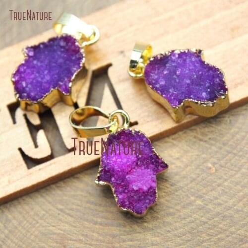 10Pcs Hot Pink Druzy Crystal Pendant Gold Color Hand Hamsa Pendant 19x13mm PM15277