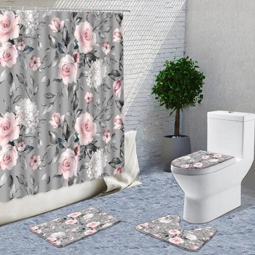 Floral Plant Flowers Shower Curtains 4pcs Sets Gray Background Non-Slip Bath Mats Rugs Toilet Cover Lid Pad Home Bathroom Decor
