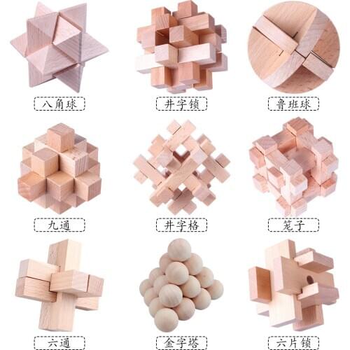 Golden Beech Made Mini Khong Ming Lock 9 in 1 Set Intelligence Luban Lock IQ Collection Buster Perplexing 3D Wooden Puzzles