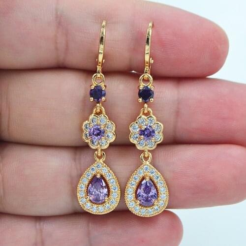 AAA+ Cubic Zirconia Gold Color Fashion Women Luxury Purple CZ Water Drop Dangle Wedding Earrings Jewelry