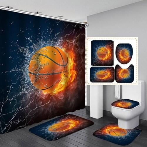3D Print Balls 4 PCS Bathroom Set Basketball Shower Curtain Toilet Non-slip Bathroom Mat Football Flame Shower Curtain