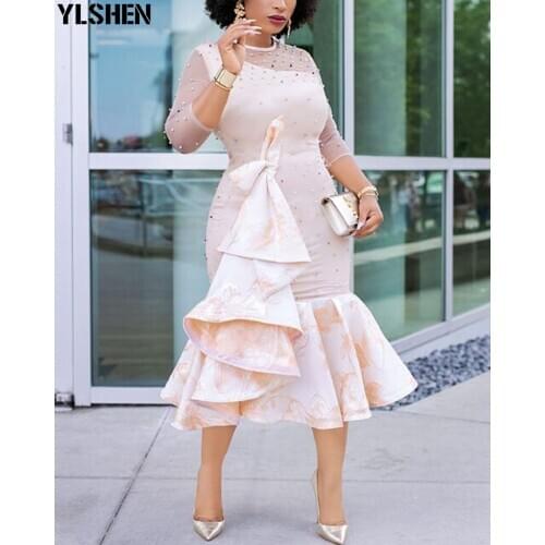Long African Dress Sexy Nail Beaded Mesh Sleeve Ruffles Robe Vetement Femme Daily Evening Party Dress African Dresses For Women