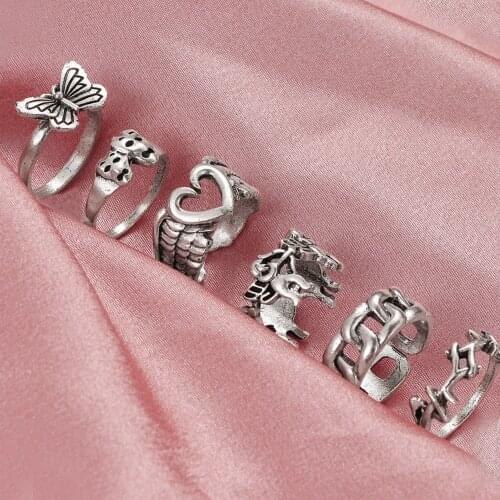 EN Vintage Silver Plated Angel Wings Ring for Womens Gothic Punk Steampunk Heart Butterfly Skull Ring Sets Party Jewelry 2021