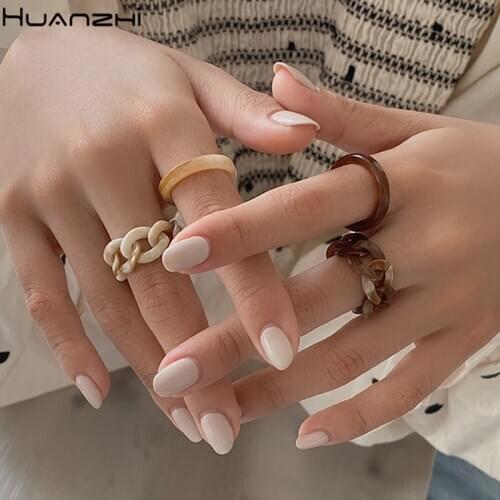 HUANZHI 2020 New Korean 2 pcs/set Individual Retro Color Resin Acrylic Geometric Chain Rings for Women Party Jewelry