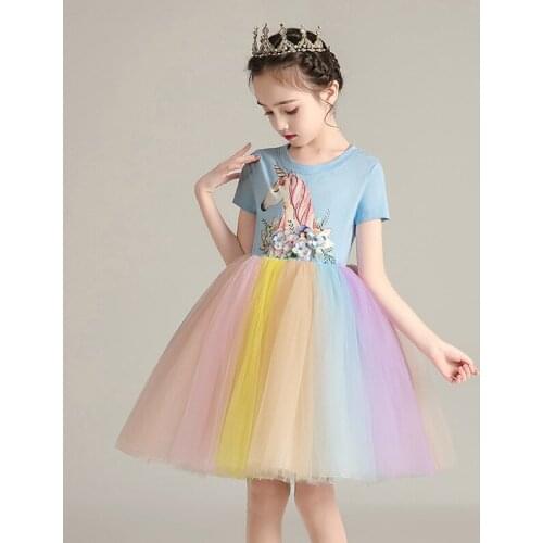 Pretty girl party dress Childish summer dress, new childrens dress pink with floral lace girl costume printed with short sleeve