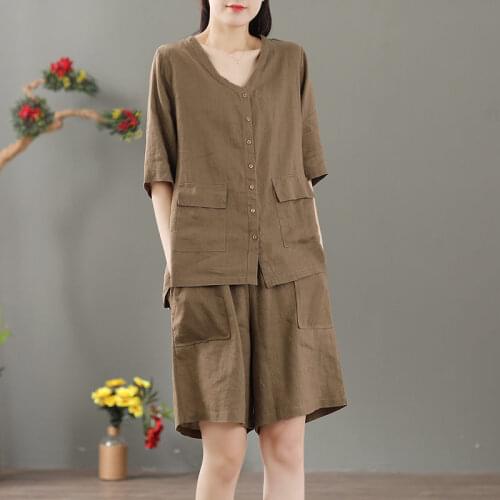 Summer Retro V-neck Single-breasted Cardigan Cotton Linen Women Tops Loose Wide-leg Shorts Female Plus Size Two Piece Set aq745