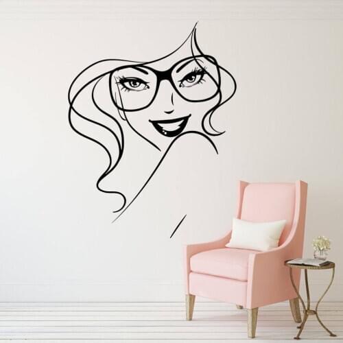 Girl in Glasses Wall Decal Smile Woman Beautiful Eyes Wall Sticker Beauty Salon Home Interior Decor Vinyl Sticker Mural C299