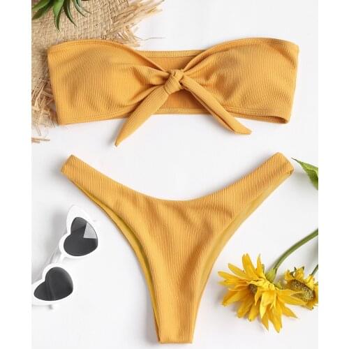 2021 Solid Bikini Set Brazillian Swimsuit For Women Sleeveless Bowknot Push Up Bandeau Biquini Swimwear Female Bathing Suit