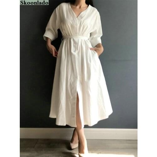 Newest fashion long dress cotton linen high quality elegant lady formal working half sleeve dresses classic belt design solid
