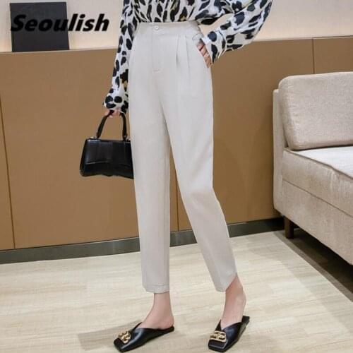 Seoulish 2021 New Formal Womens Harem Pants Button High Waist Chic Female Workwear Elegant Ankle Length Trouses Pockets Spring
