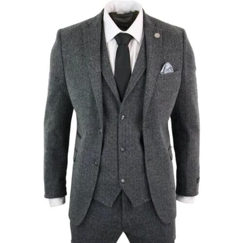 Grey 3 Piece Wedding Tuxedos Notched Lapel Two Buttons Herringbone Tweed Formal Men Suits Custom Made Peaky Blinders Bridegroom