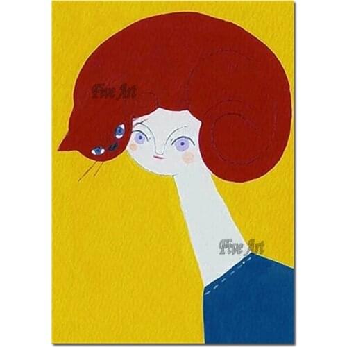 Modern Childrens Room Decorative Item Canvas Cartoon Cat Animal And Girls Oil Painting Pure Handmade Abstract Wall Canvas Art