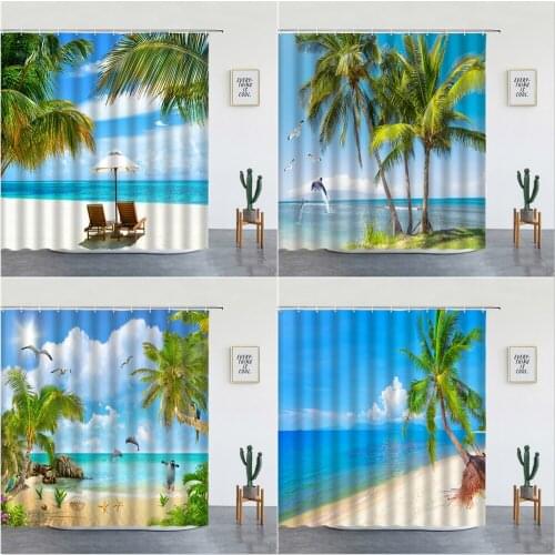Landscape Printed Fabric Shower Curtains Ocean Palm Tree Beach Sea Shell Boat Scenery Bathroom Curtain Set Bath Screen With Hook