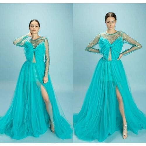 Beading Evening Dresses Sheer O Neck Long Sleeve Prom Gowns Illusion Pearls Appliques Formal Runway Fashion Party Dress