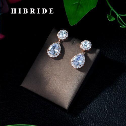 HIBRIDE Dangle Earrings Gold-Color AAA Cubic Zirconia Pendant Drop Earrings For Women Bridal Anniversary Gifts E-28