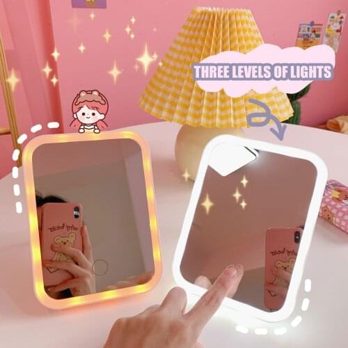 W&G Kawaii Makeup Mirror with Lamp Japanese Cute Desktop LED Large Dressing Mirror Folding Portable Makeup Mirror