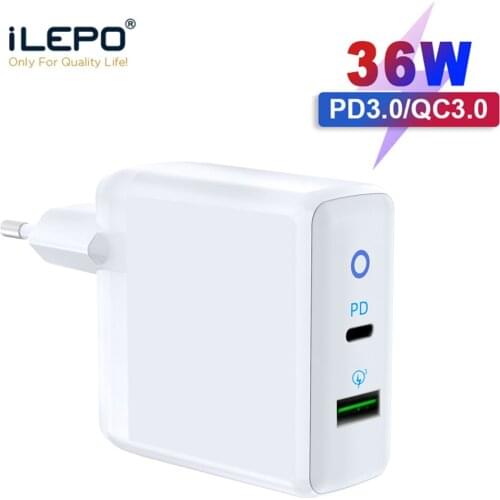 ILEPO 36W 2 Ports USB C Charger For iPhone 12 Mini/Pro Max/SE MacBook iPad Pro Airpods Pro Switch Power Quick Charge 3.0 Type C