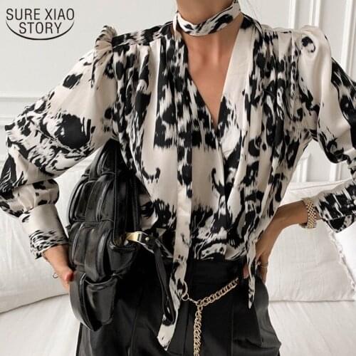 Summer Shirt Chic Lace Up Blouse Womens Spring New Haltar V-neck Single Breasted Leopard Print Loose Long Sleeve Shirt 13606