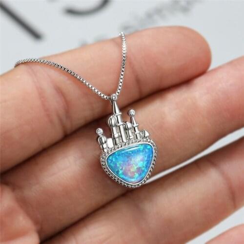 Fashion Women Pendant Crystal Castle Blue Pendant Silver Color Chain Necklace For Women Wedding Jewelry Accessories