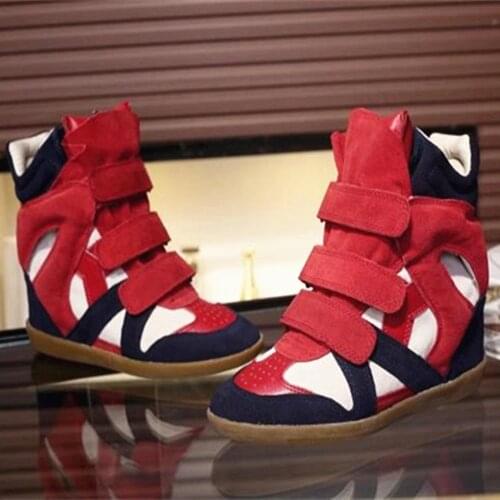 Womens Genuine Leather Sneakers Hidden High Heel Match Colors Sport High Top Korean Styles Ladies 20Colors New 2021