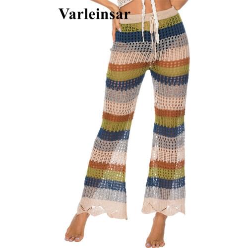 Women Summer Beach Knitted Hollow Out Pants See Through Crochet Stright Pant Sexy Hollow Out Fishnet Wide Leg Trousers V2652