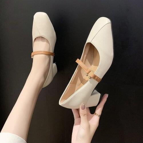 2021 spring and autumn new shallow mouth retro Mary Jane womens shoes square toe temperament mid-heel high heels