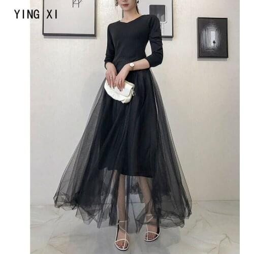 YING XI New Spring Black Loose Long Sleeve V-neck Women Dress High Power Splice Gauze Long Dress
