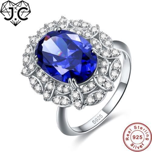 J.C Oval Cut Sapphire & Rainbow White Topaz Solid 925 Sterling Silver Ring Size 6 7 8 9 Elegant Women Anniversary Fine Jewelry