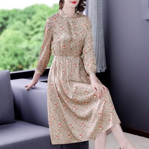 2021 Elegant Bodycon Office Lady Dress Spring Autumn Print Mulberry Silk Satin Midi Dress Women Vintage Korean Casual Beach Robe