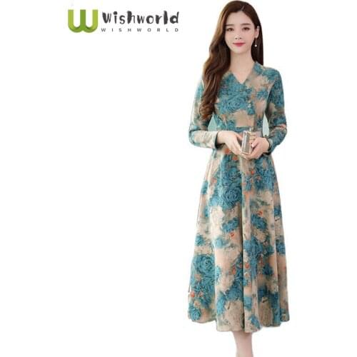 Long-sleeved V-neck Dress Female in the Spring and Autumn Outfit New Collect Waist Skirt Teamed Temperament Show Thin