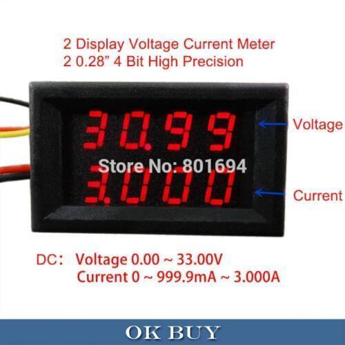 4 Bit Digital Dual Display LED Voltage Current Meter DC 0-33V/1A/3A Voltmeter Ammeter Red Variable Precision