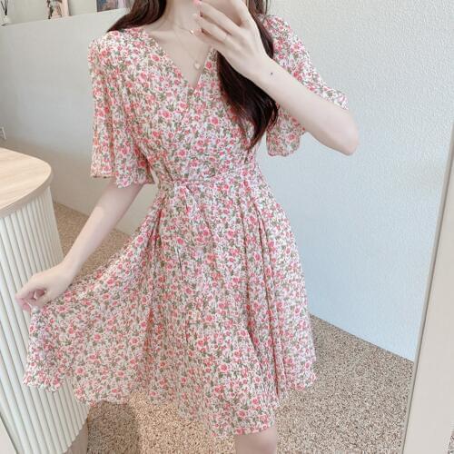 Bandage Mini Floral Dress Chiffon a Line Vestidos De Verano v Neck Vestido Corto Formal Women Elegant Sun Korean Style Jurkjes