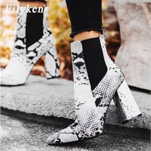 Eilyken Print Snake Pu Women Ankle Boots Zip Pointed Toe Footwear Thick High Heels Female Boot Shoes Women 2021 snakeskin Bootie
