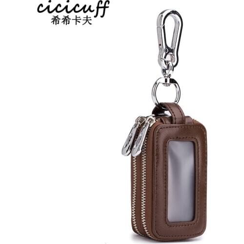 Brand Multifunction Car Key Holder Smart Housekeeper Wallet Genuine Leather Double Zipper Home Key Case with Transparent Window