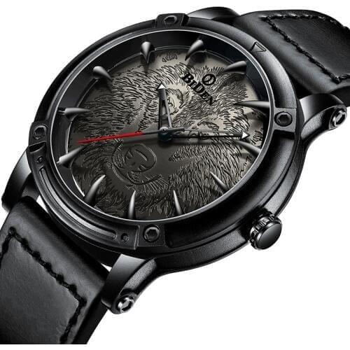 Gothic Men Watch Wolf Laser Engrave Rock Steampunk Mens Wristwatch Full Black Brown Leather Quartz Man Watches Casual Male Clock