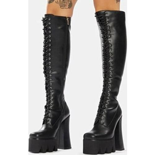Black Lace High Chunky Heel Dress Shoes Boots Round Toe Thick Platform Boots for Ladies Side Zipper