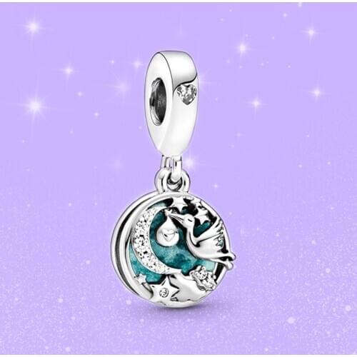 CHILOYS 2Pcs/Lot Silver Plated Stork & Twinkling Stars Dangle Charm fit Original Brand Charm Bracelet Silver Color Jewelry Gift