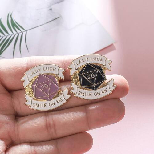 D20 Purple And Black Brooch For Women Slogan "Lady Lucky Smile On Me" For Lucky Guy Bring Luck To You Jewelry Enamel Pin
