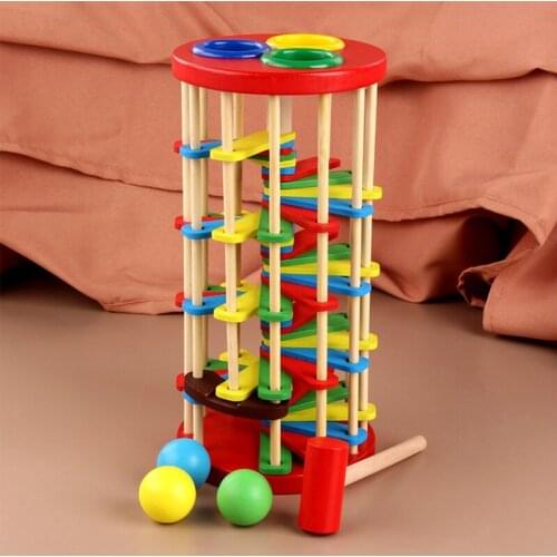 Hot Selling Creative Pound and Roll Wooden Tower with Hammer Knock the Ball Rolling Off Ladder Early Education Baby Toys