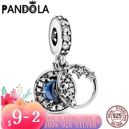 Hot 100% 925 Sterling SILVER charms Blue Night Sky Crescent Moon & Stars Dangle fit Original Pandora Bracelet silver 925 jewelry