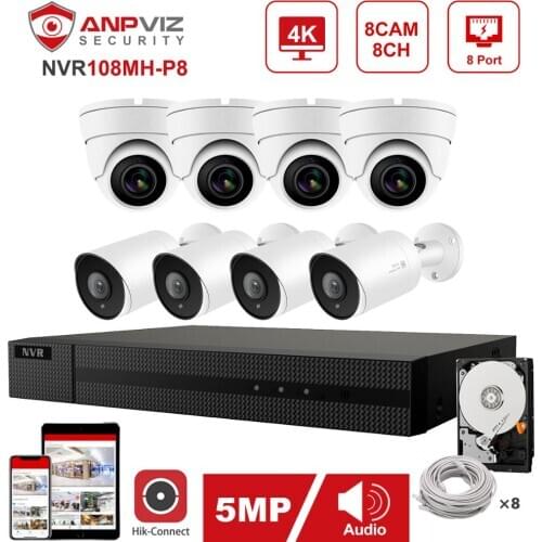 Hikvision OEM 8CH 4K NVR Kit Anpviz 4//8pcs 5MP IP Camera POE IP Security System Dome/Bullet IP Camera Indoor/Outdoor IP66