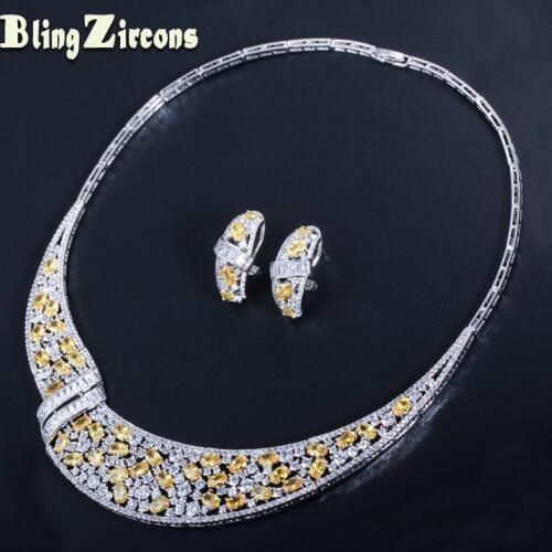 BeaQueen Nigerian Big Size Statement Chock Necklace Earrings Sets Yellow Cubic Zirconia Stone Women Wedding Jewelry JS076