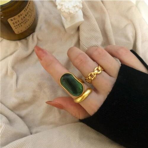 Brass Retro Green Stone Rings Punk Style Designer Club Cocktail Party Gown Amazing Gift Trendy Gothic Boho Korean Japan