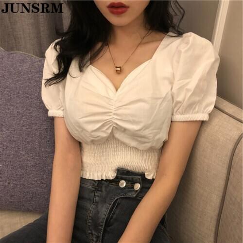 Summer Sexy V-Neck Puff Sleeve Female Short Tops Women Fashion Black White Plus Size Tee Shirt Short Sleeve Slim Womens Clothing