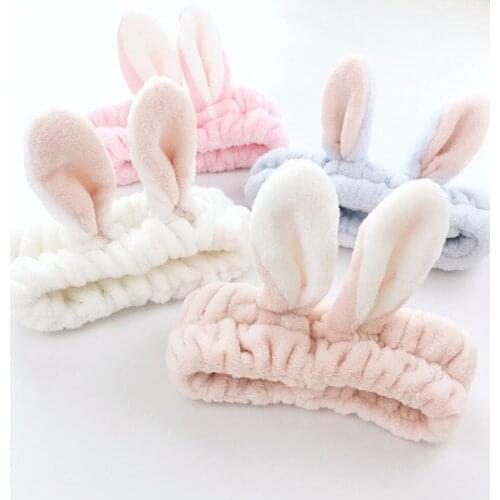 Richkeda Store New 2021 Women Cute Coral Fleece Rabbit Ears Elastic Headbands Soft Wash Face Bath Hairbands Girls Holder