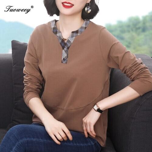 Fashion patchwork cotton loose Spliced Women TShirts Spring Fall Long Sleeve Zip Up V-Neck Tops Casual Female Plus Size Blouse